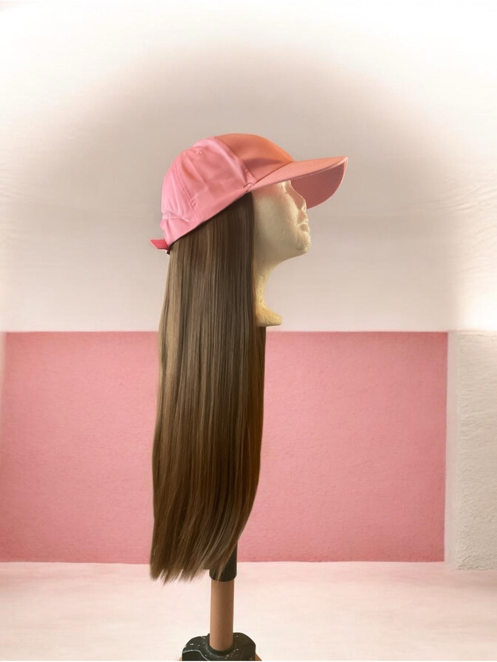 Pink Baseball Cap Wig with Long Straight Brown Hair - Unbranded
